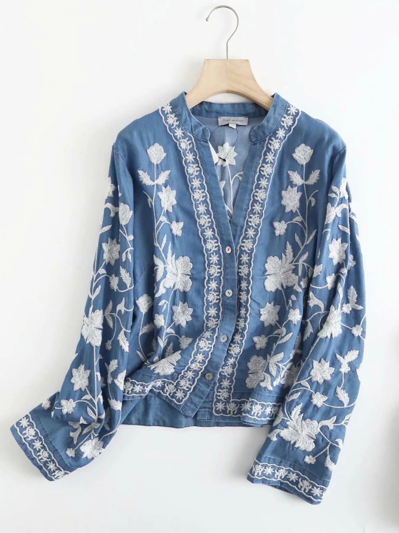 Floral Embroidered Button Up Denim Shirt - Fashorio