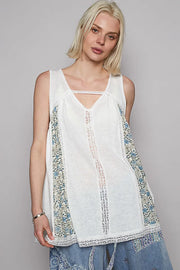 POL V Neck Sleeveless Tank Top with Lace Detail OFFWHITE - Fashorio