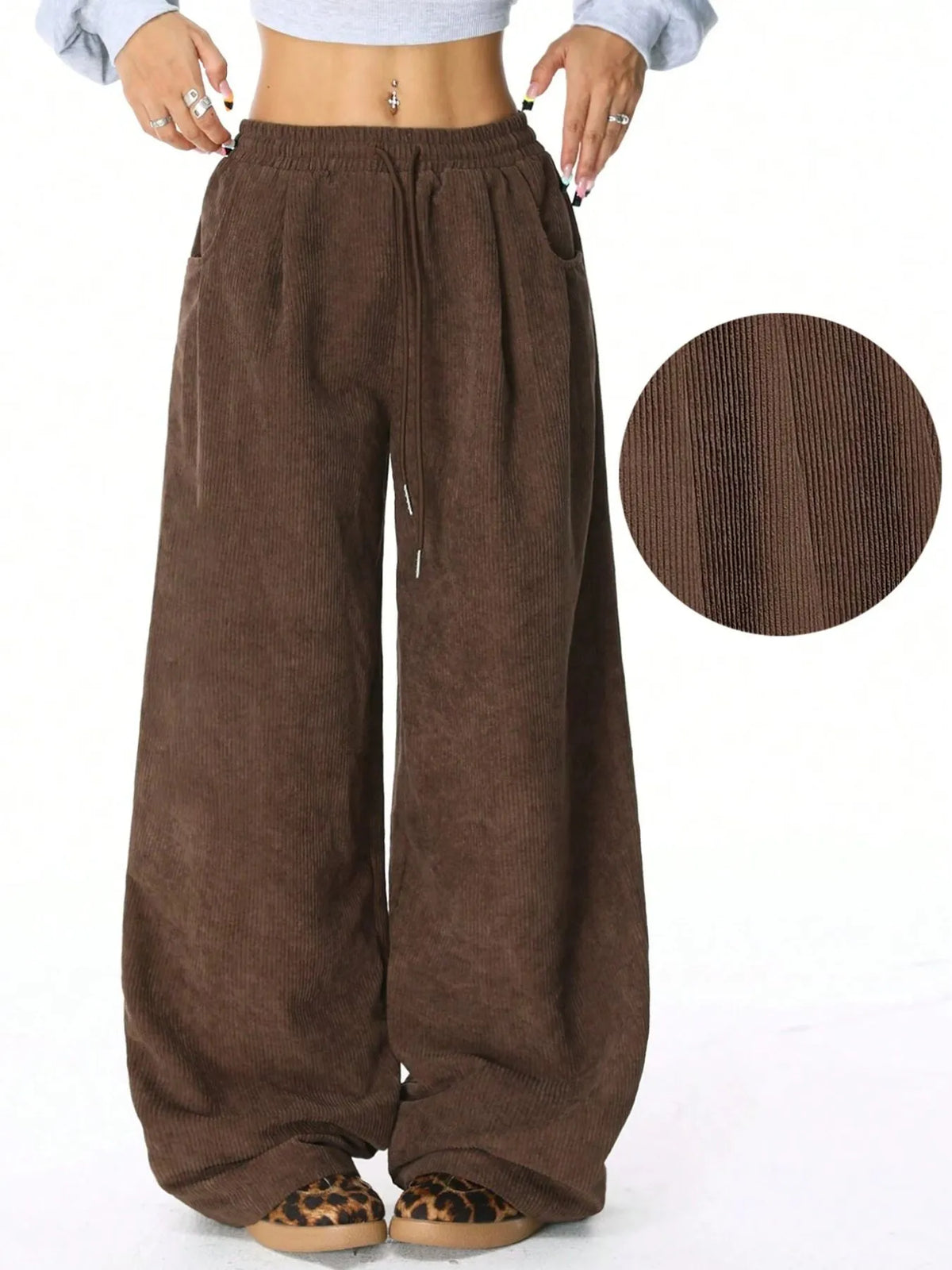 Drawstring wide leg pants full length styling
