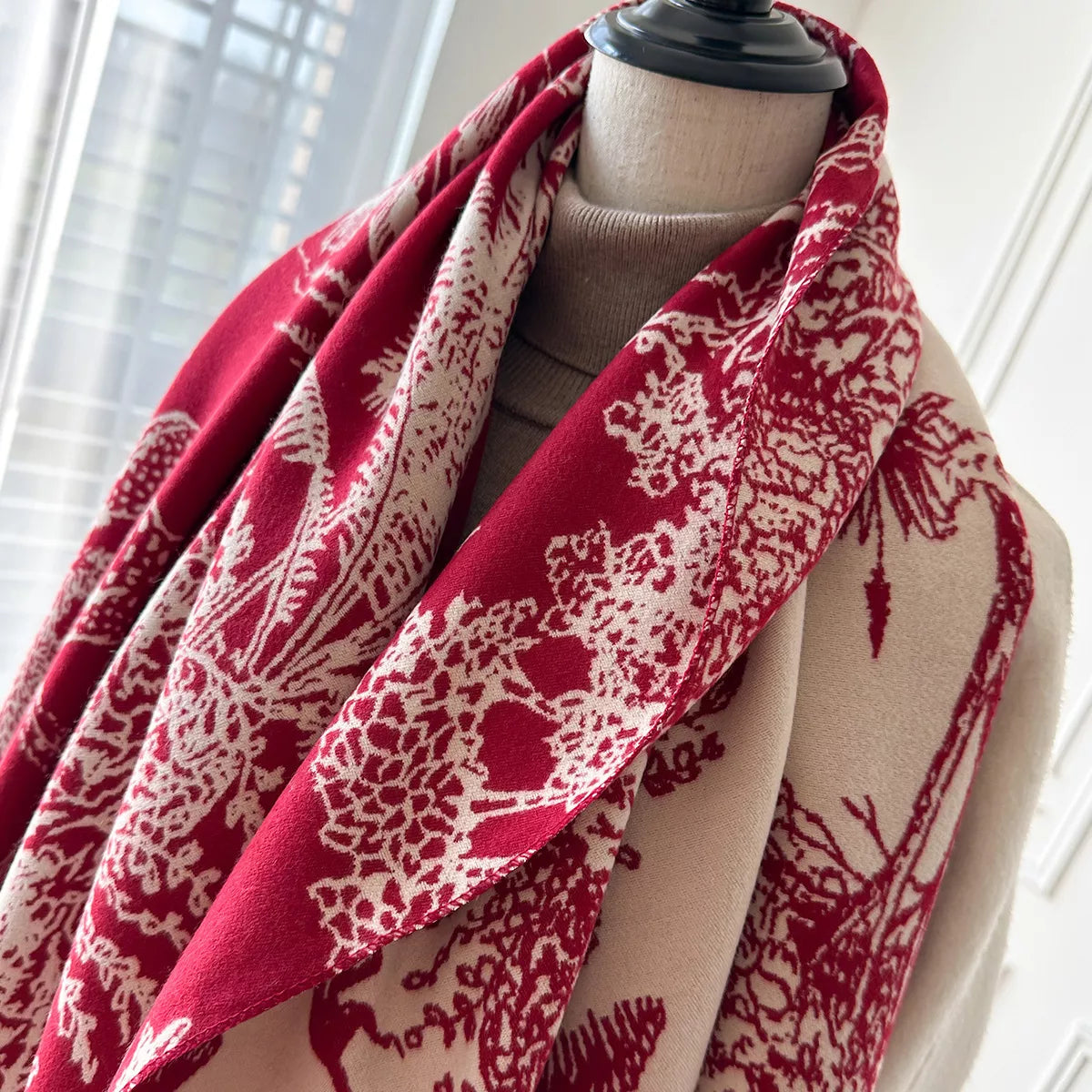 Red scarf with soft frayed raw hem edges