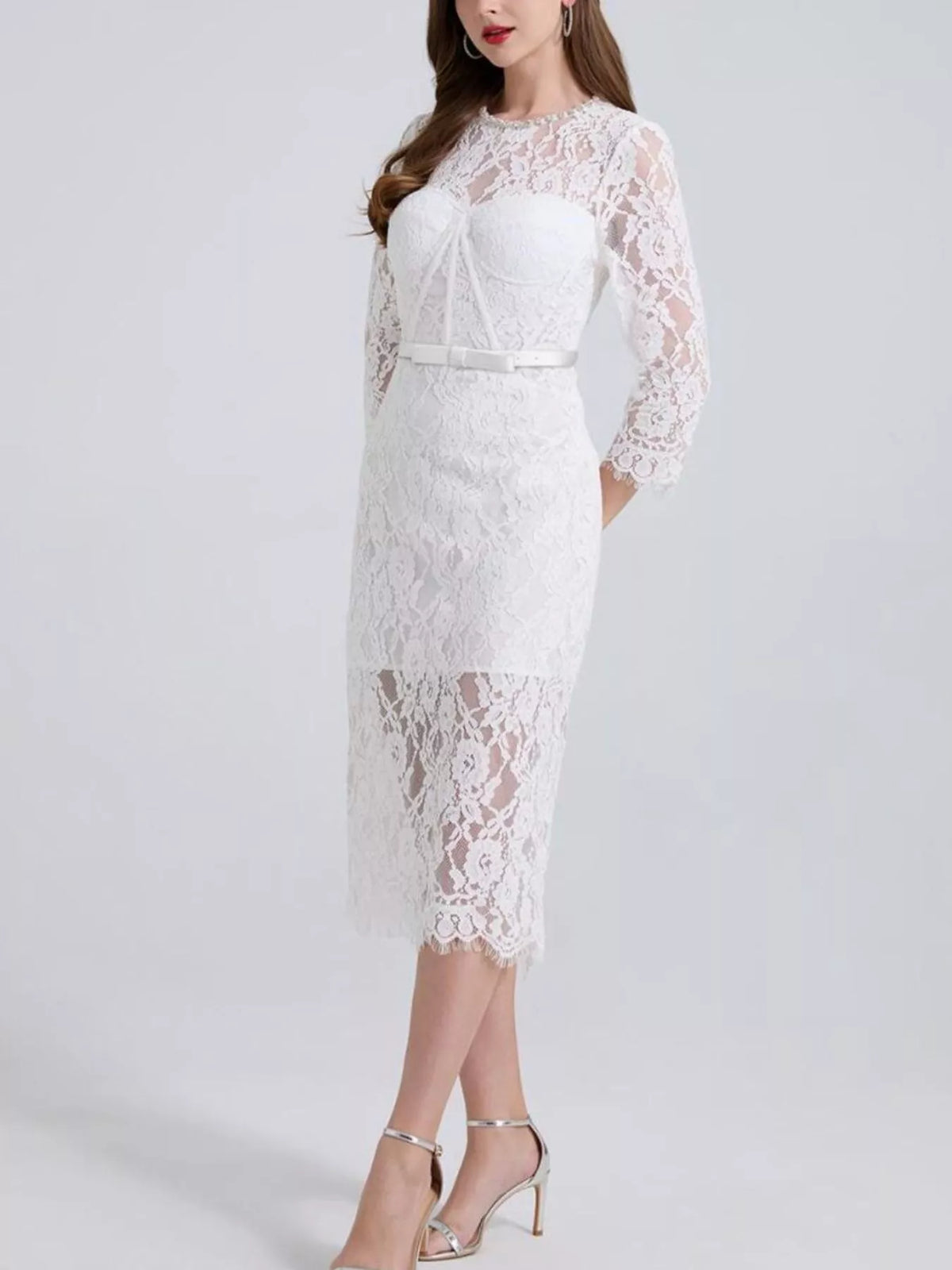 lace long sleeve midi dress walking shot