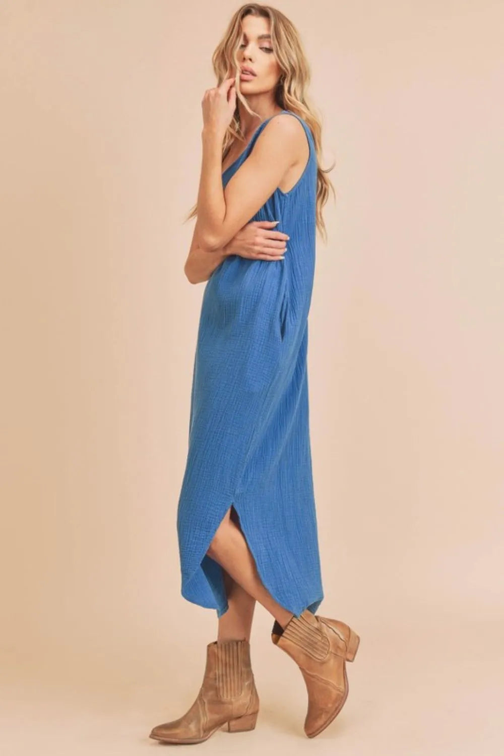 Peacock blue midi tank dress pocket detail