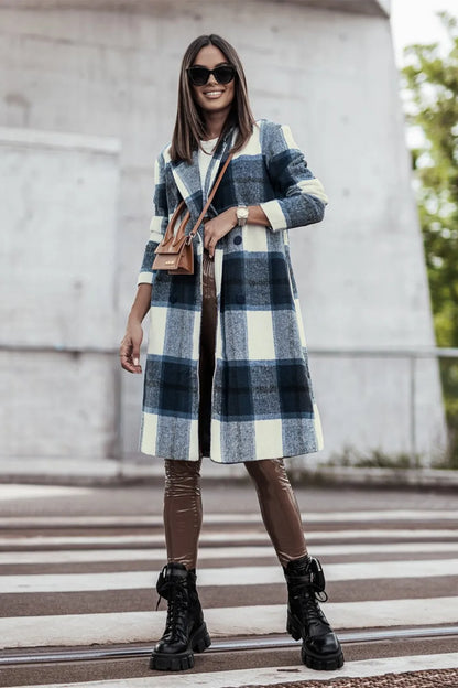 Double Take Full Size Plaid Button Up Lapel Collar Coat Peacock Blue - Fashorio