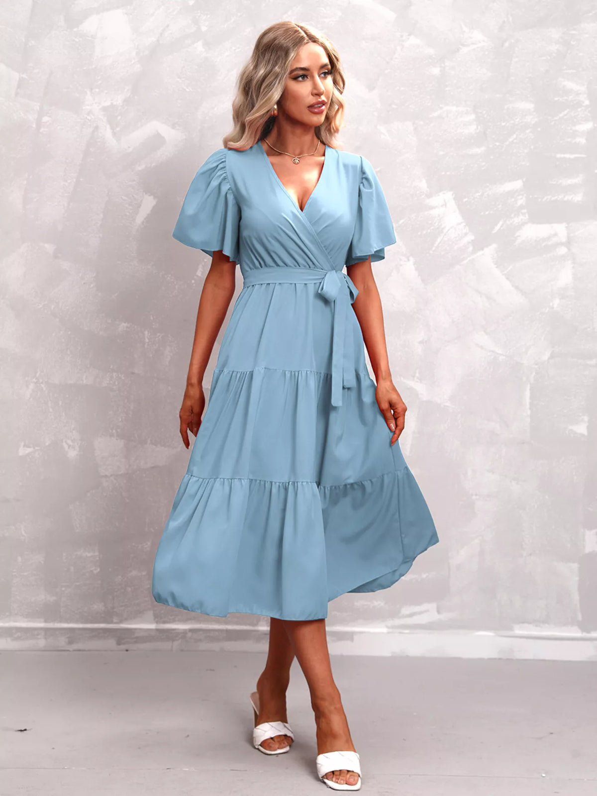 Flutter sleeve tiered midi dress fabric detail view