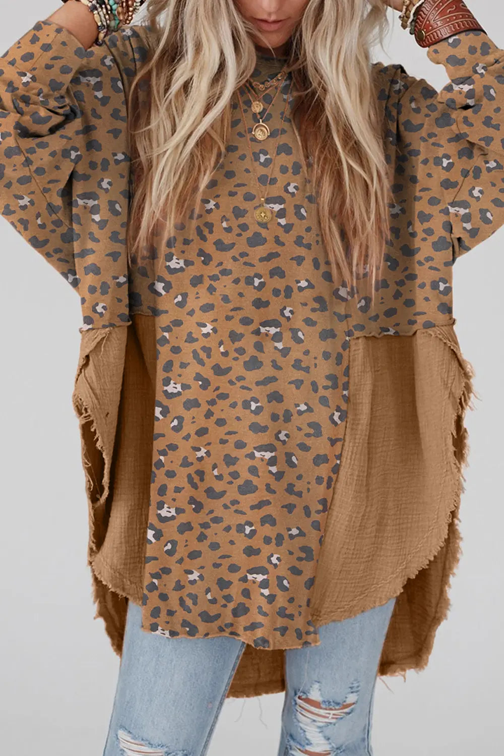 Textured Leopard Dropped Shoulder Blouse Mocha - Fashorio