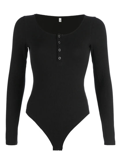 Quarter Snap Ribbed Round Neck Long Sleeve Bodysuit - Fashorio
