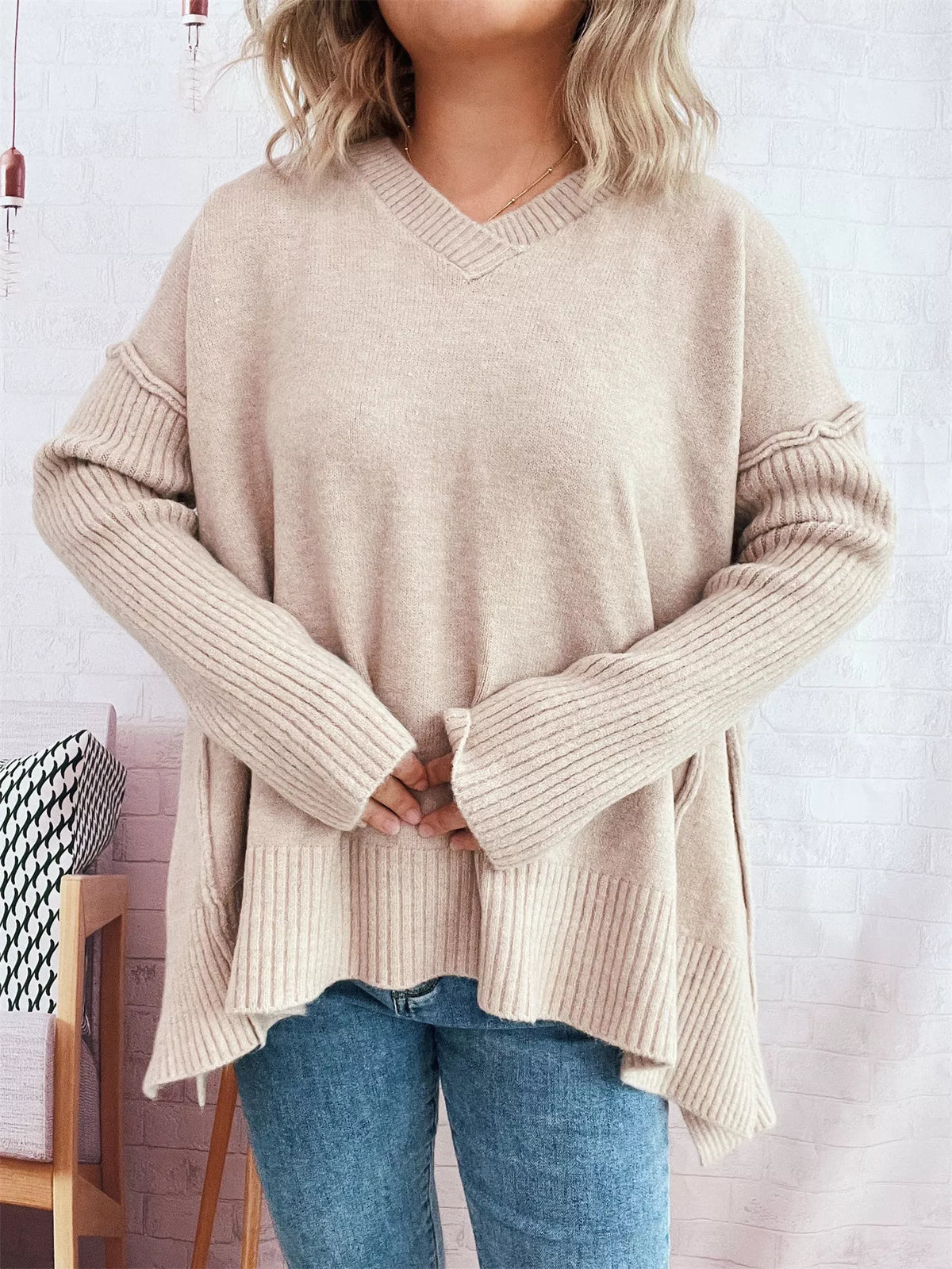 v neck dropped shoulder sweater green view