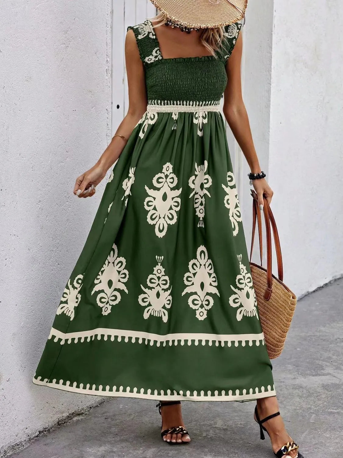 Smocked Printed Wide Strap Maxi Dress, view 19