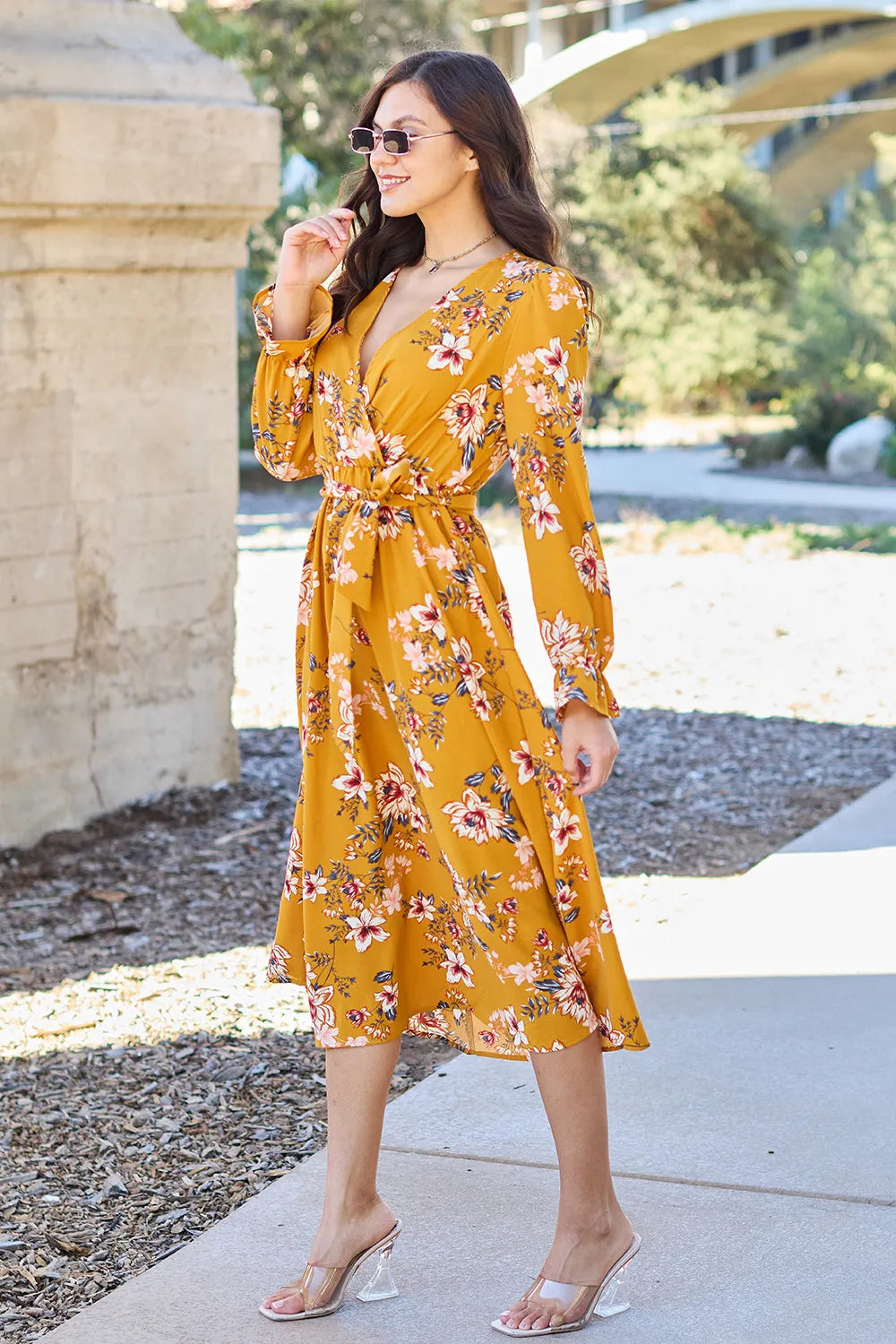 Floral Tie Back Flounce Sleeve Dress side view