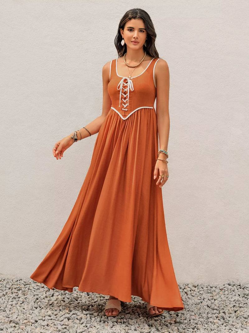 terracotta contrast trim lace up maxi tank dress front view