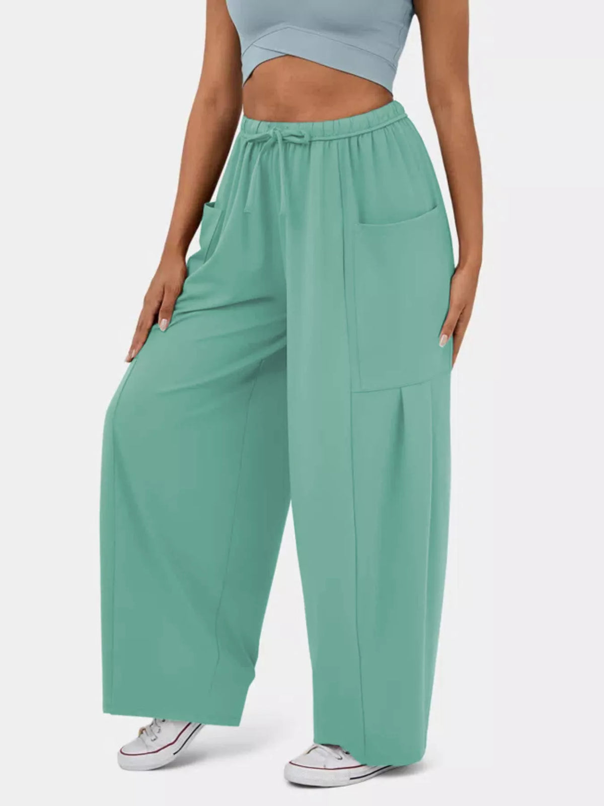 High waisted wide leg drawstring pants front view
