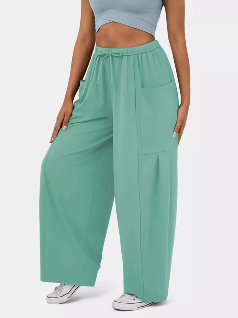High waisted wide leg drawstring pants front view