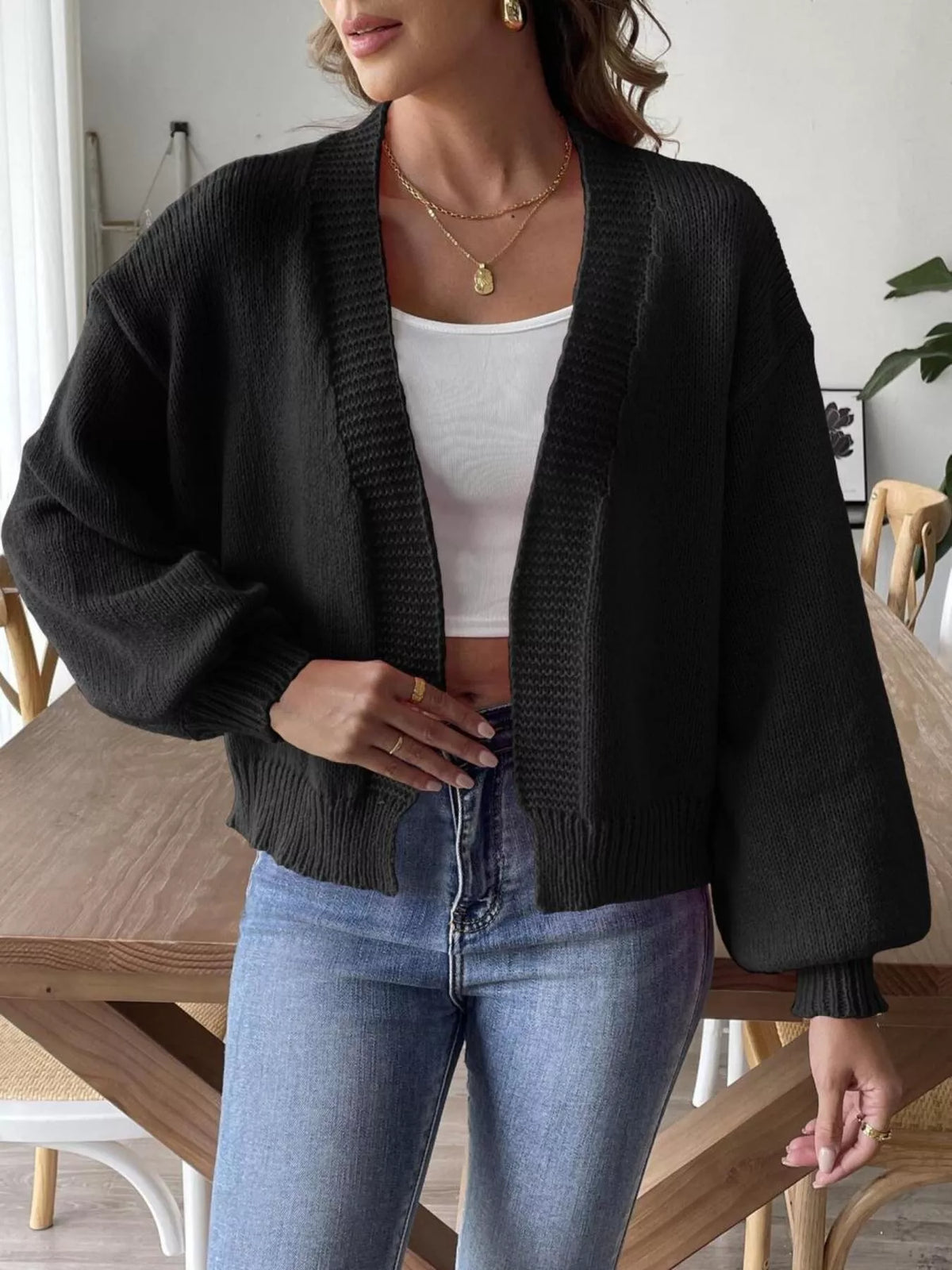 open front dropped shoulder cardigan front view