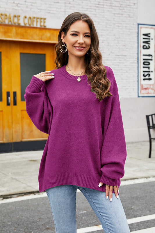 Round Neck Long Sleeve Sweater Purple - Fashorio