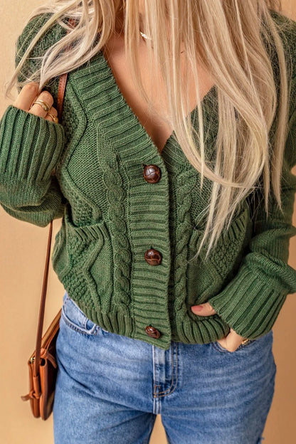 Cable-Knit Button Down V-Neck Cardigan - Fashorio
