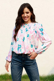 Floral Smocked Balloon Sleeve Round Neck Blouse Multicolor - Fashorio