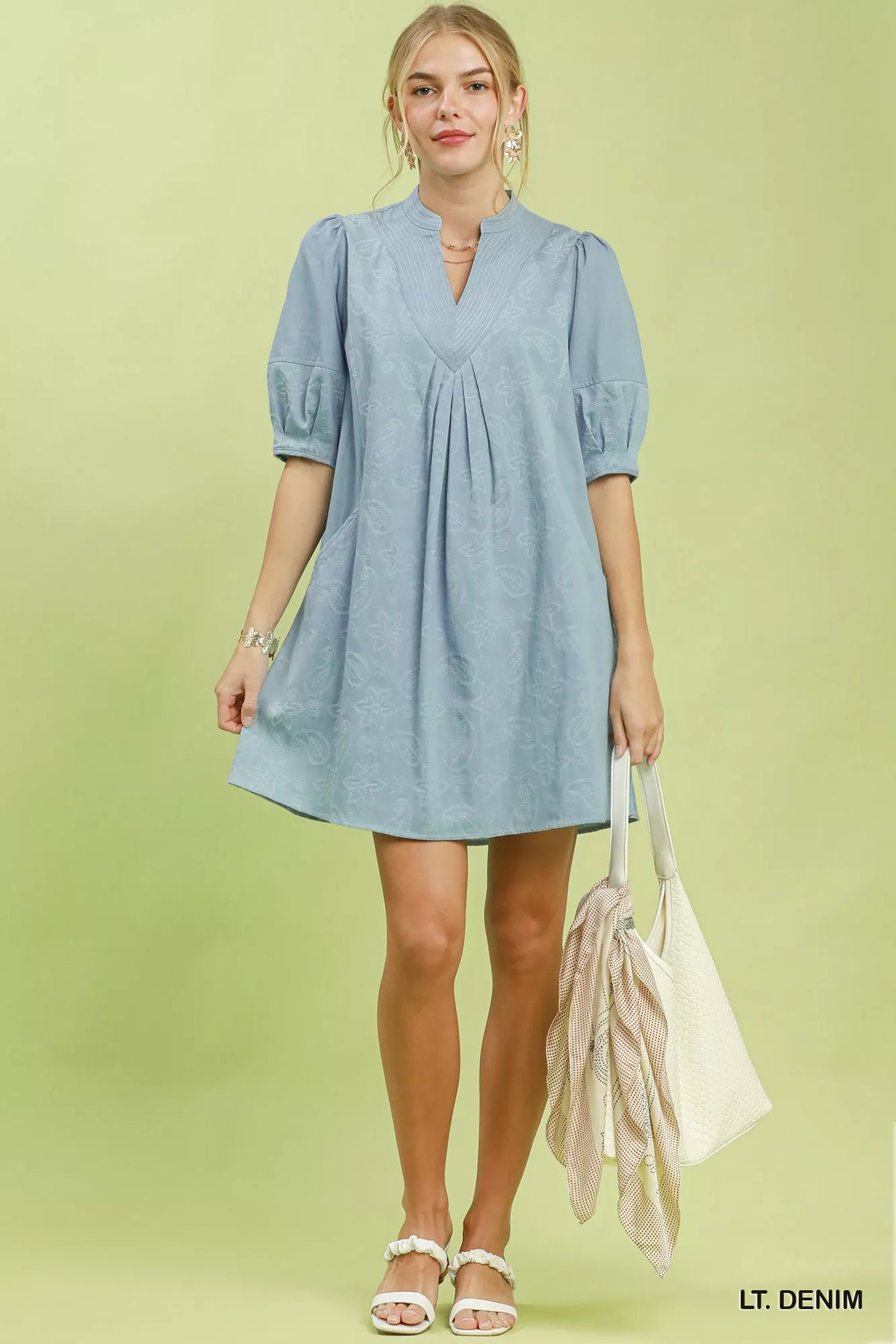 Light denim print day dress back view