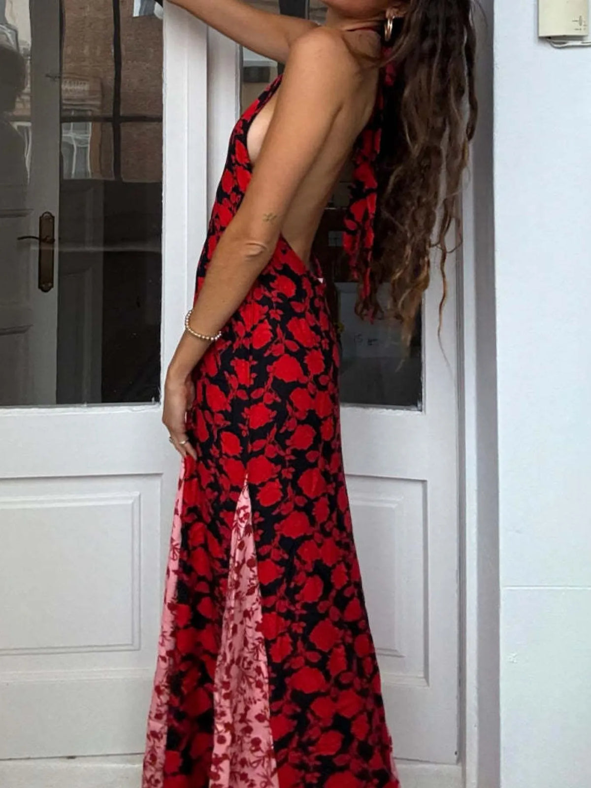 Backless maxi dress close view