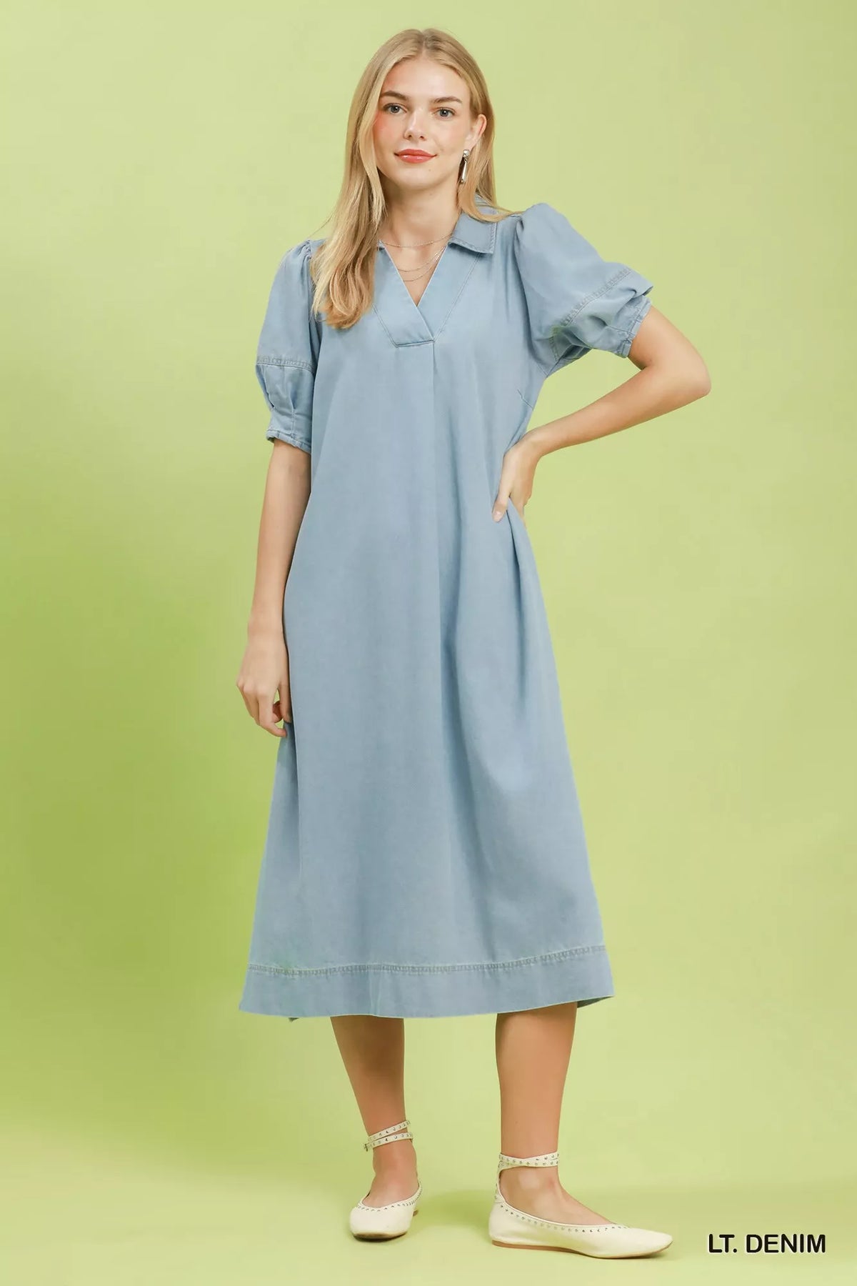 Chambray collared dress side slit view