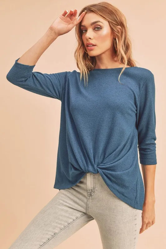 Teal twist front three quarter sleeve tee front view