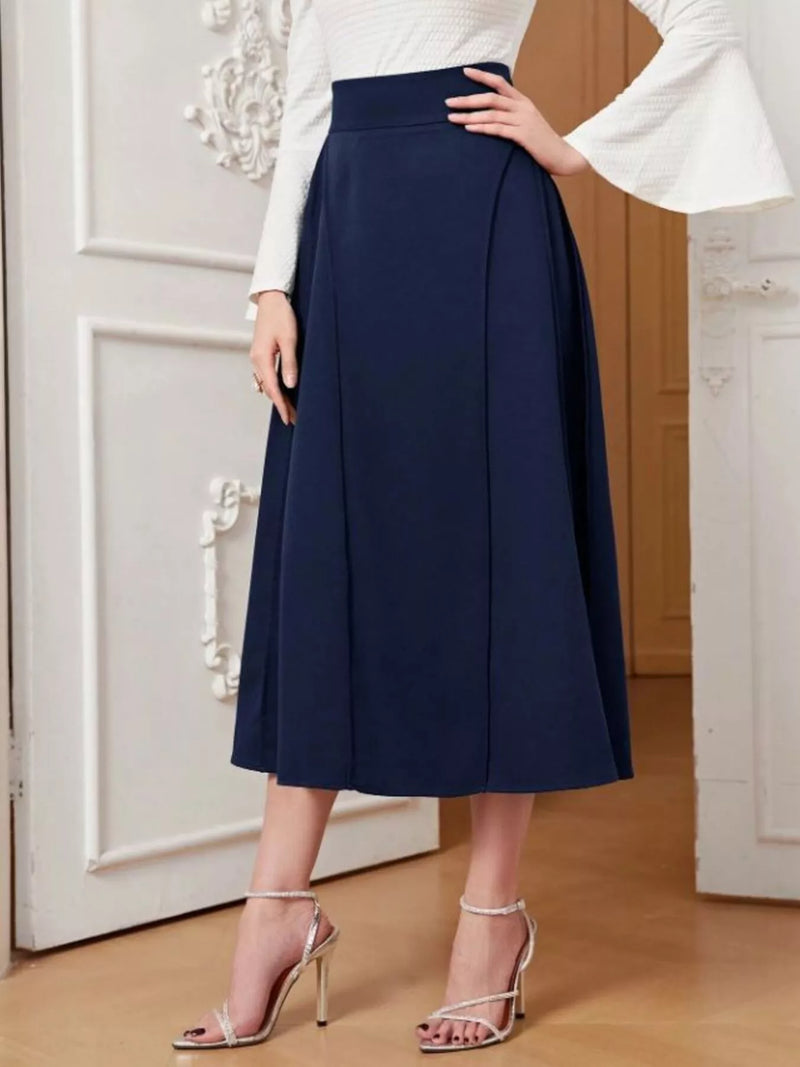 Dark blue A line midi skirt front view