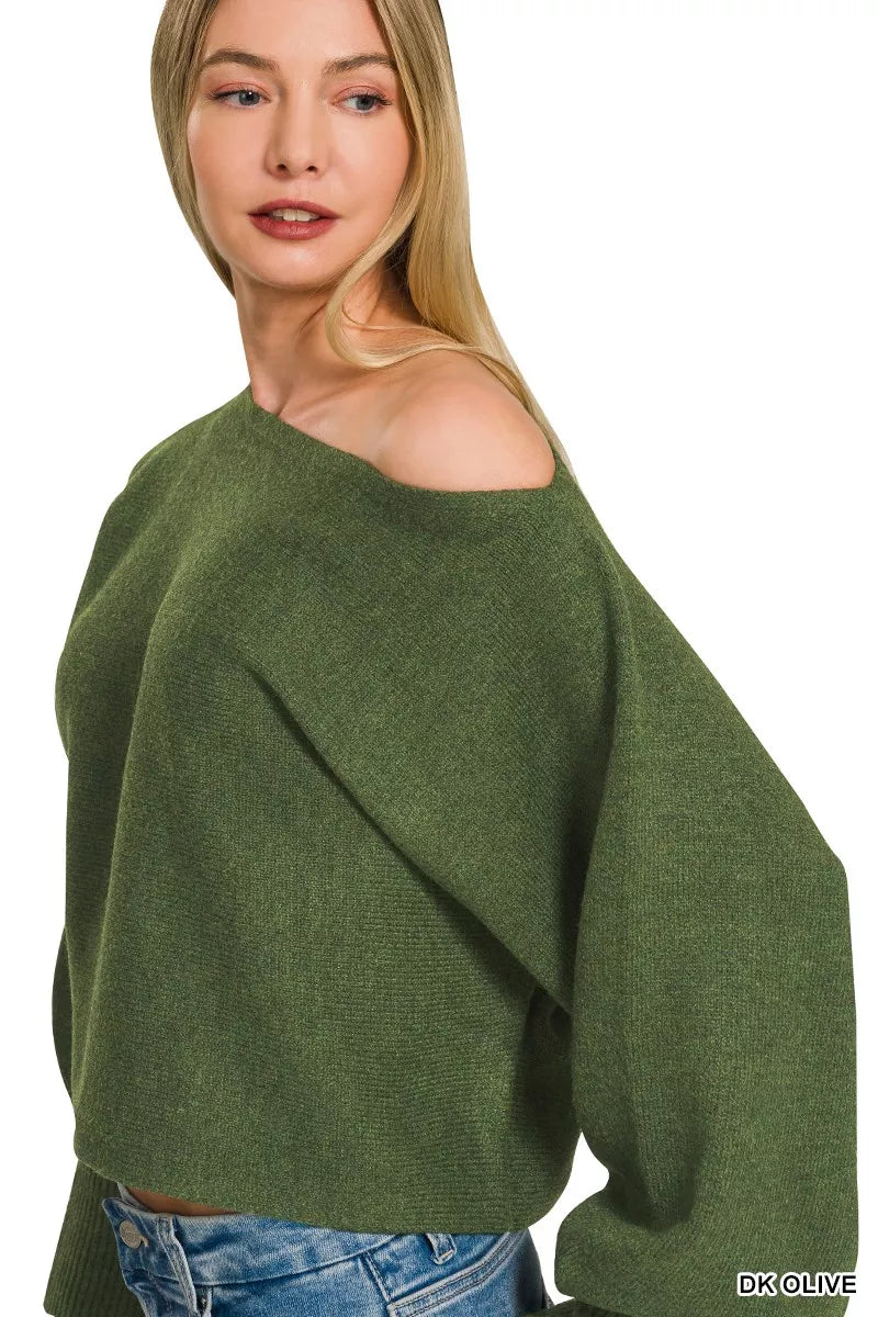 Dark olive knit sweater neckline close up