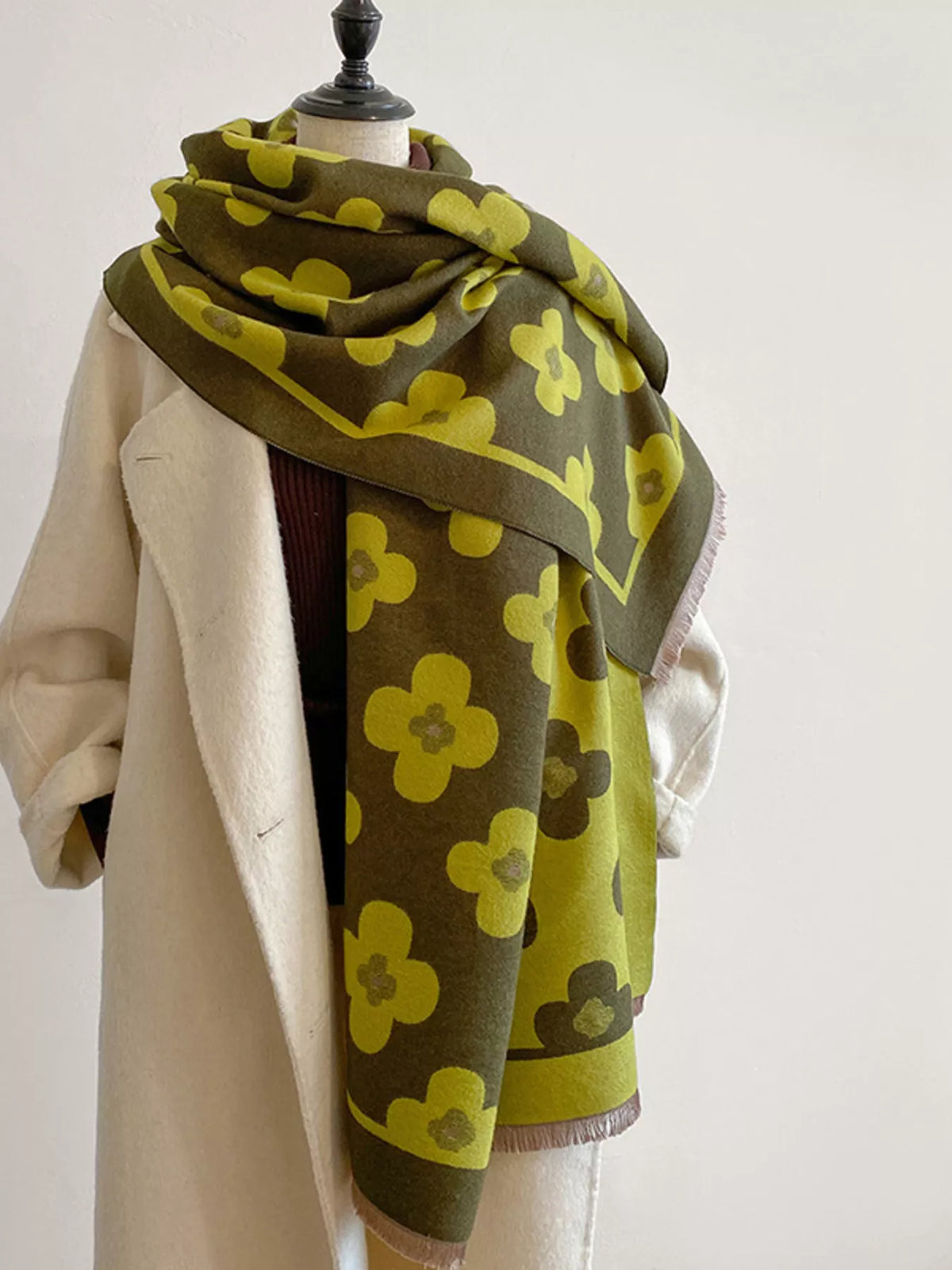Floral print raw hem scarf draped side view