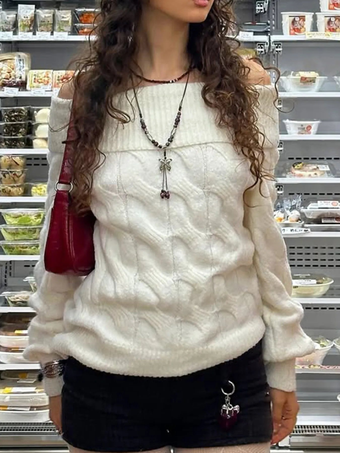 Cable Knit Off-Shoulder Sweater - Fashorio