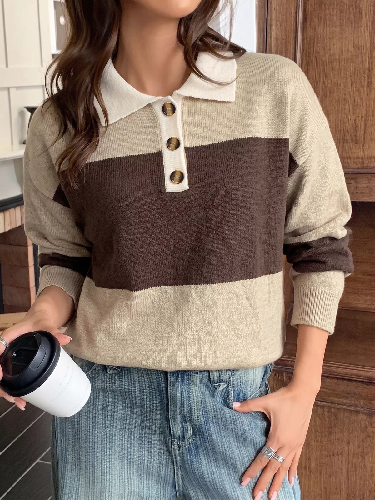 Color Block Polo Collar Sweater back view