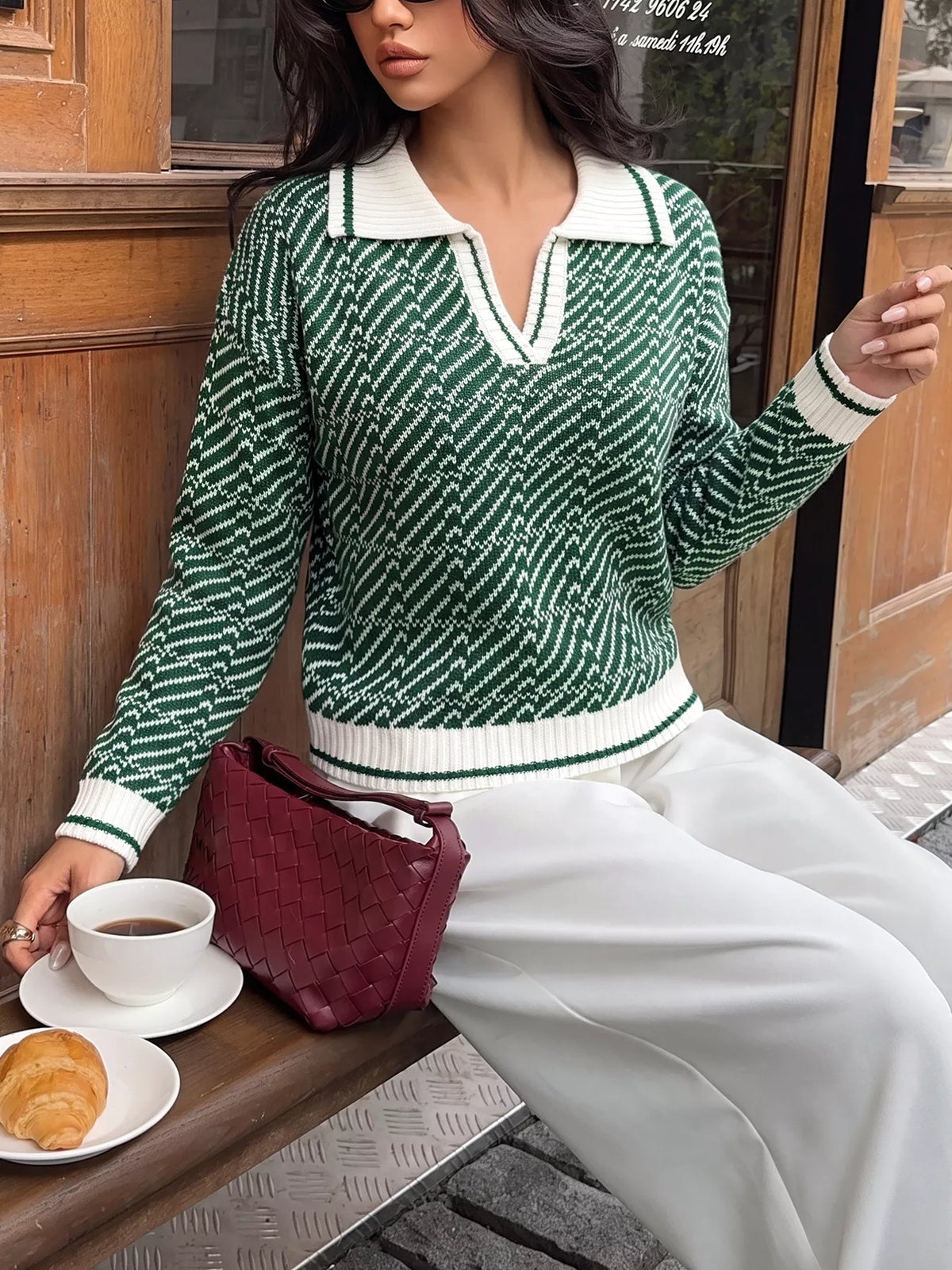 Geometric Pattern Collared Sweater styled look