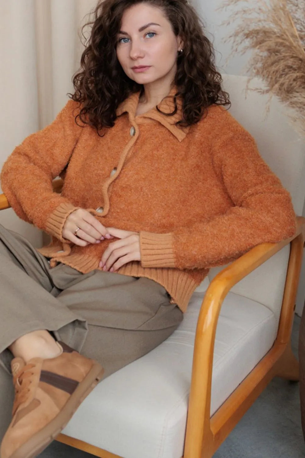 Collared Neck Button Down Long Sleeve Cardigan - Fashorio