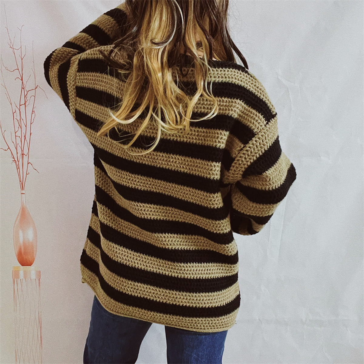 Striped Round Neck Long Sleeve Sweater - Fashorio
