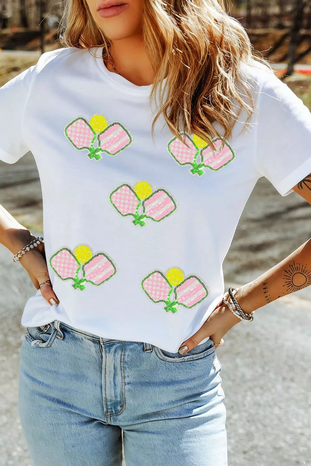 White sequin pickleball short sleeve tee back view