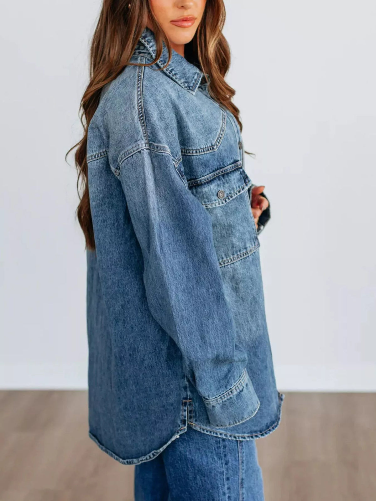 Snap Down Drop Shoulder Denim Jacket in Dark Blue back view