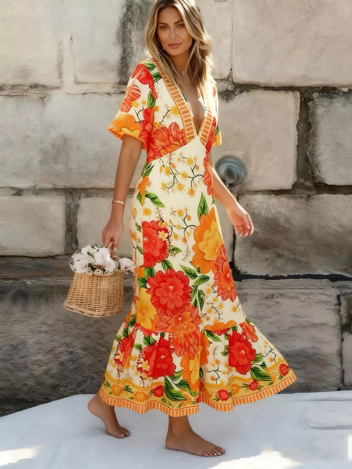 Orange floral V neck maxi dress side view