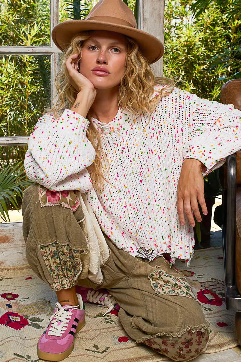 POL Round Neck Fringed Hem Sweater - Fashorio