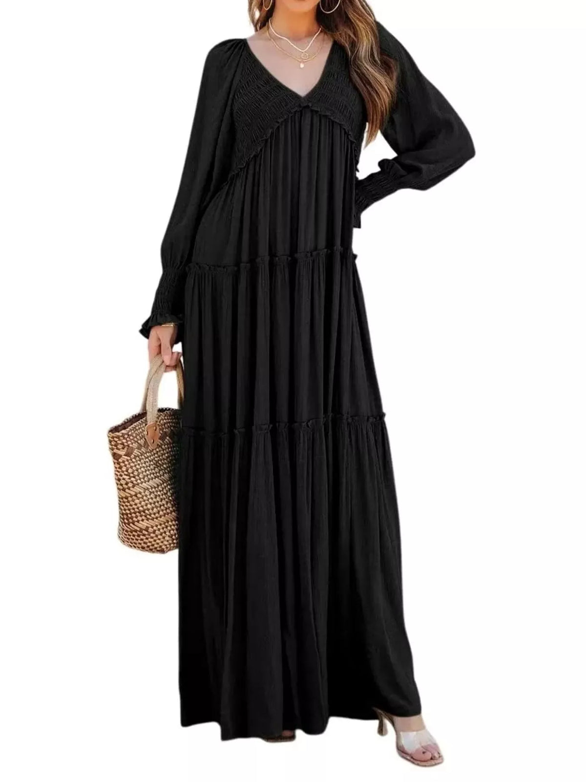 v neck long sleeve tiered maxi dress full length view 2