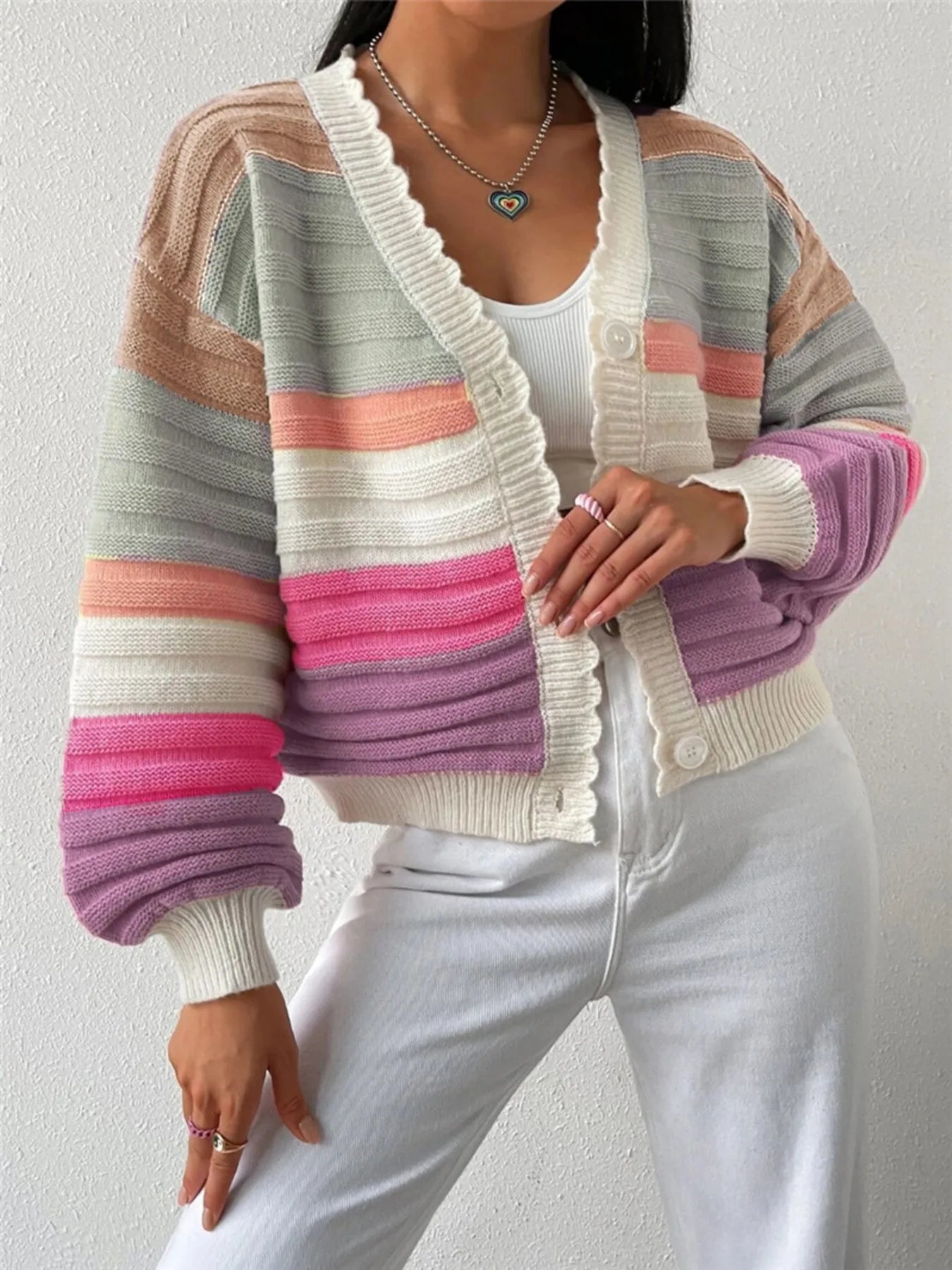 Rainbow Striped Cropped Cardigan with Balloon Sleeves Multicolor - Fashorio