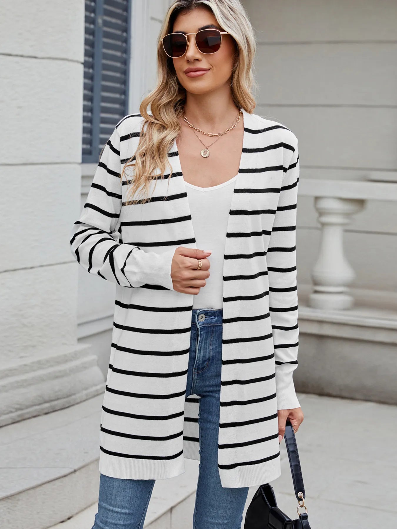 Striped Open Front Cardigan with Relaxed Fit - Fashorio