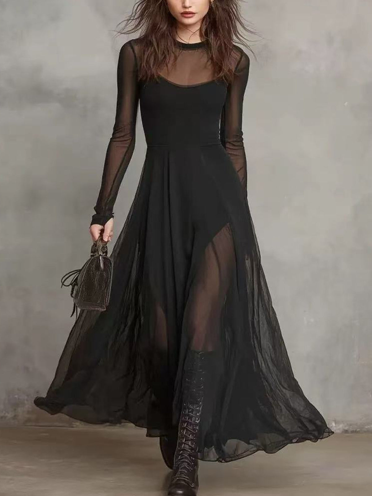 Sheer mesh maxi dress two piece set in black front view