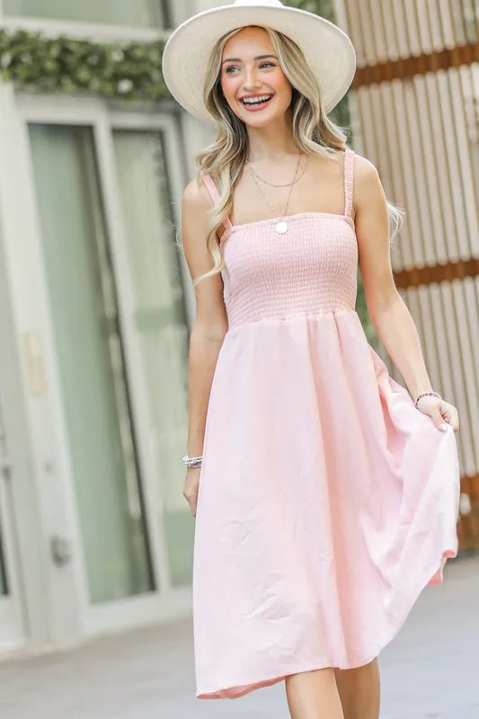 Smocking Open Back Sleeveless Midi Dress
