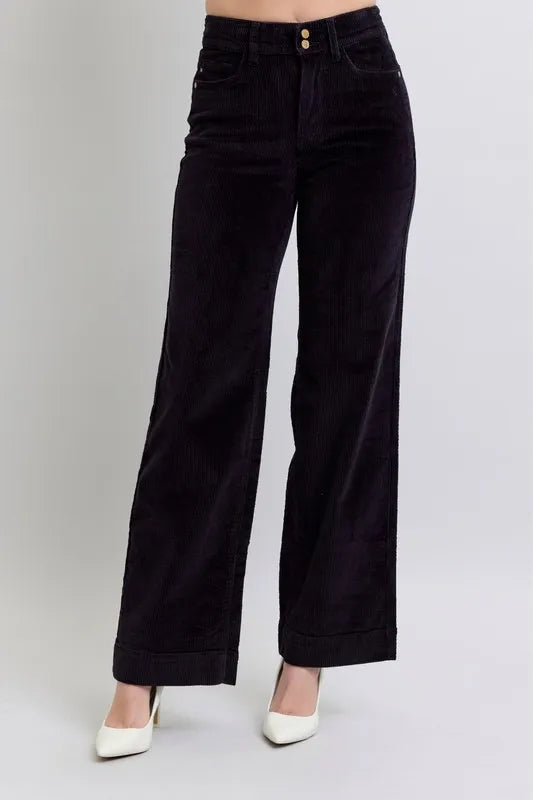 Judy Blue Full Size High Waist Corduroy Trouser Wide Plus Size BK - Fashorio