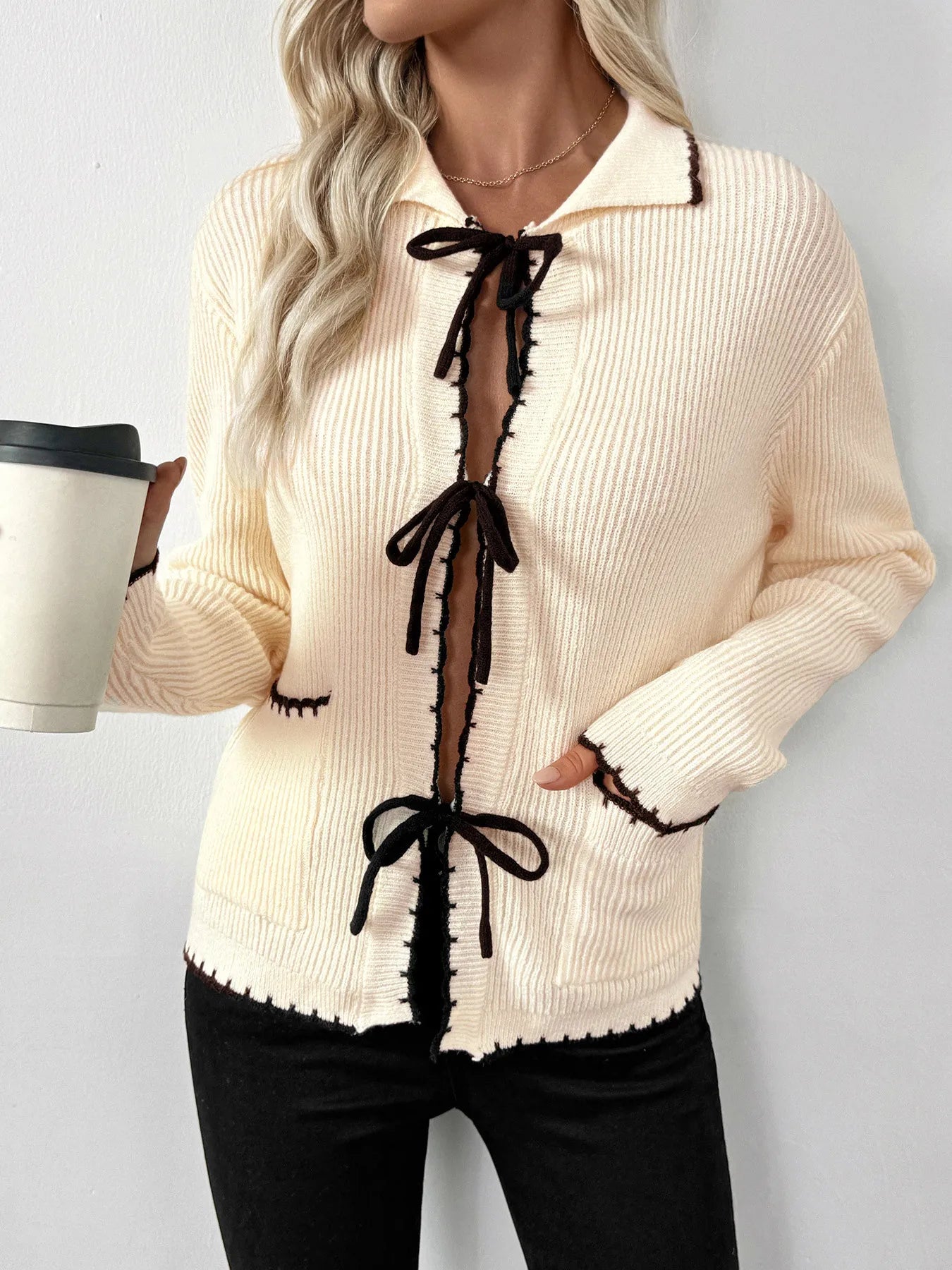 Tie Front Long Sleeve Cardigan - Fashorio