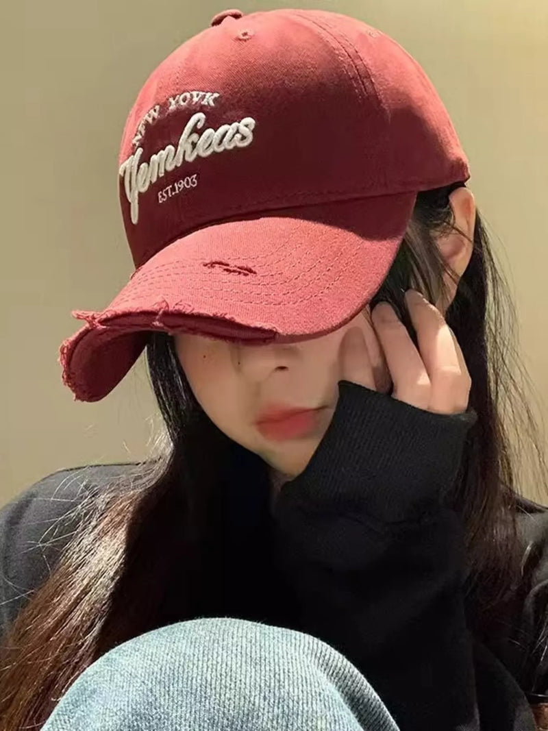 Wine red distressed embroidered cotton baseball cap