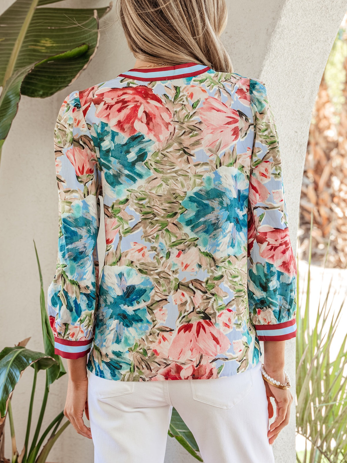 Contrast Trim V Neck Cuffed Bracelet Sleeve Floral Blouse side view