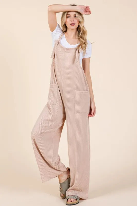 Knot Straps Wide Leg Ribbed Overalls with Pockets detail