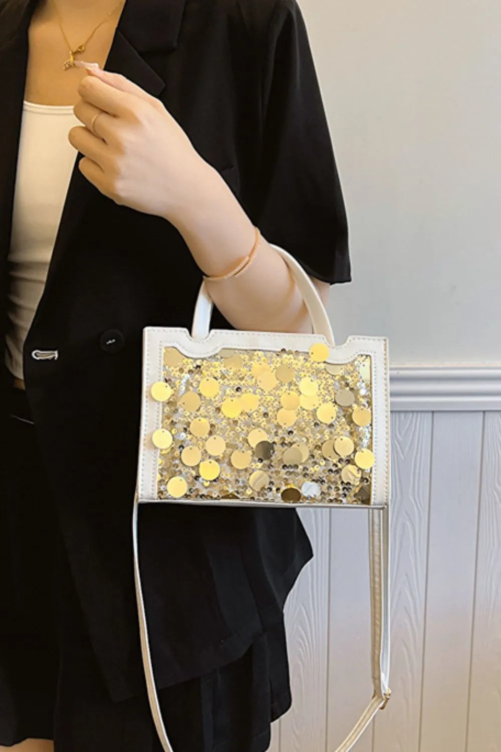 Faux Leather Sequin Handbag close up