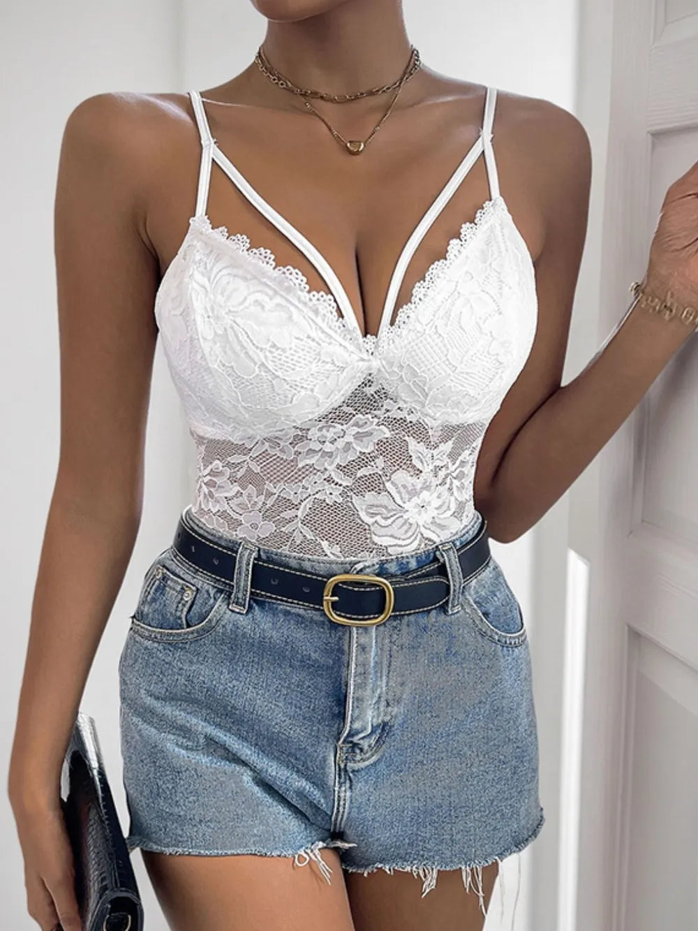Spaghetti strap lace bodysuit front view