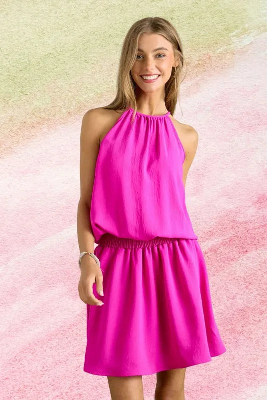 Halter Neck Smocked Waist Dress in Hot Pink