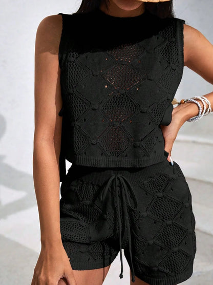 Diamond Pattern Sleeveless Top and Shorts Knit Set Black - Fashorio